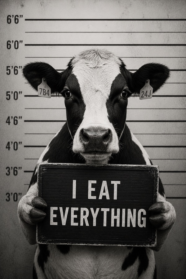 Vintage mugshot-style portrait of a cow holding a sign reading 'I eat everything', a custom AI-generated pet mugshot magnet for craft show customers