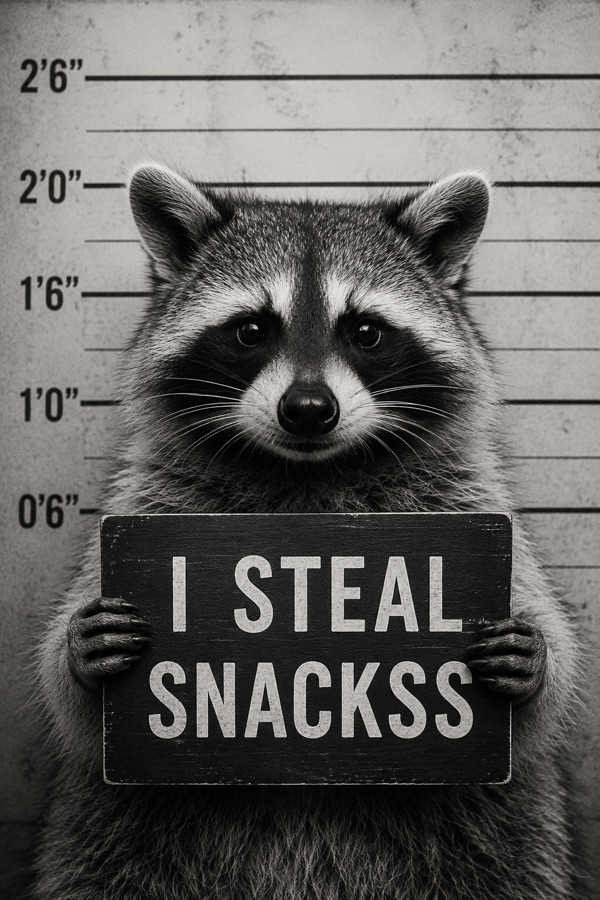 Black-and-white mugshot of a raccoon holding a sign reading 'I steal snackss', spelled the way the customer's son says it, a custom pet mugshot magnet printed on a eufyMake E1