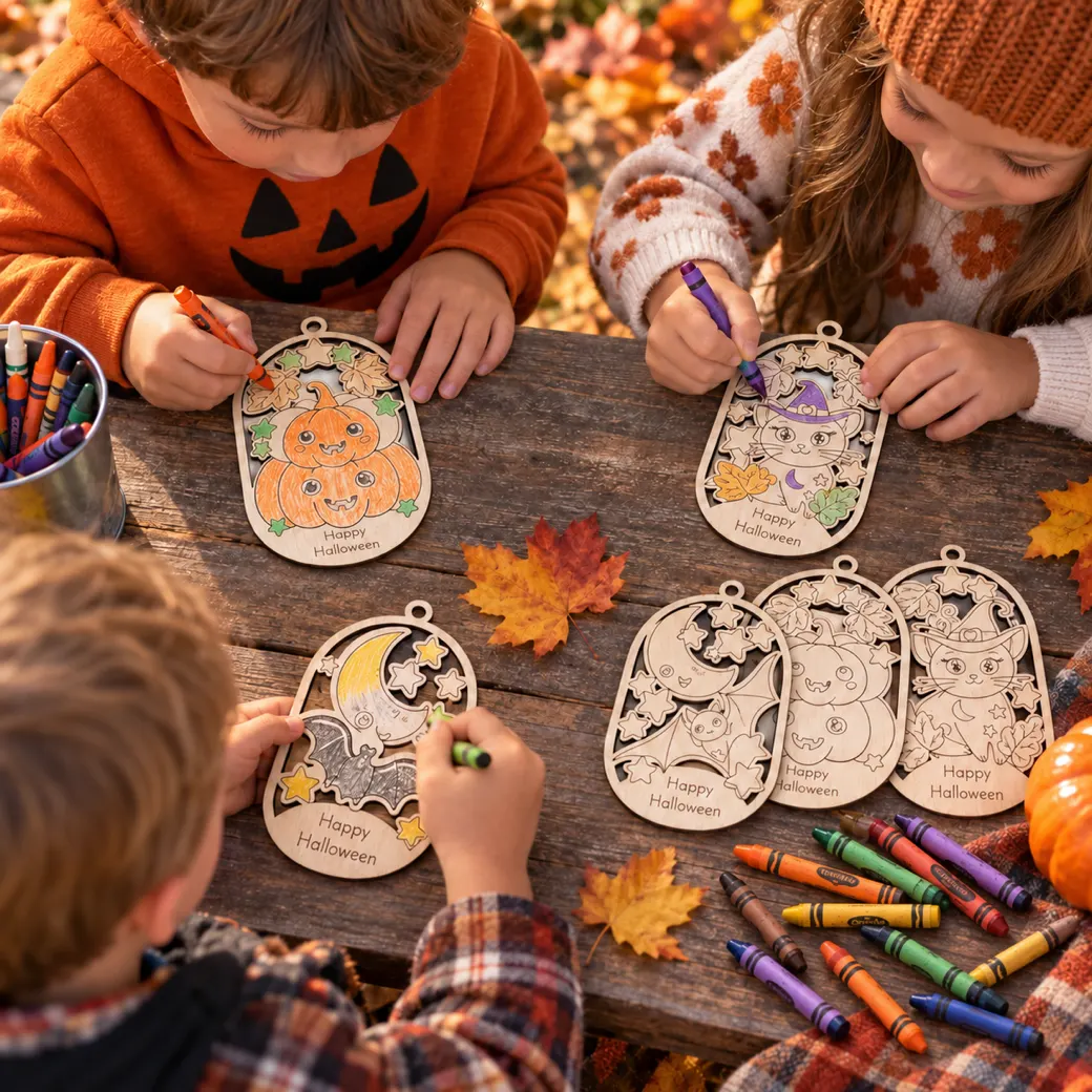 Children colouring layered wood Halloween ornaments with crayons at an outdoor table